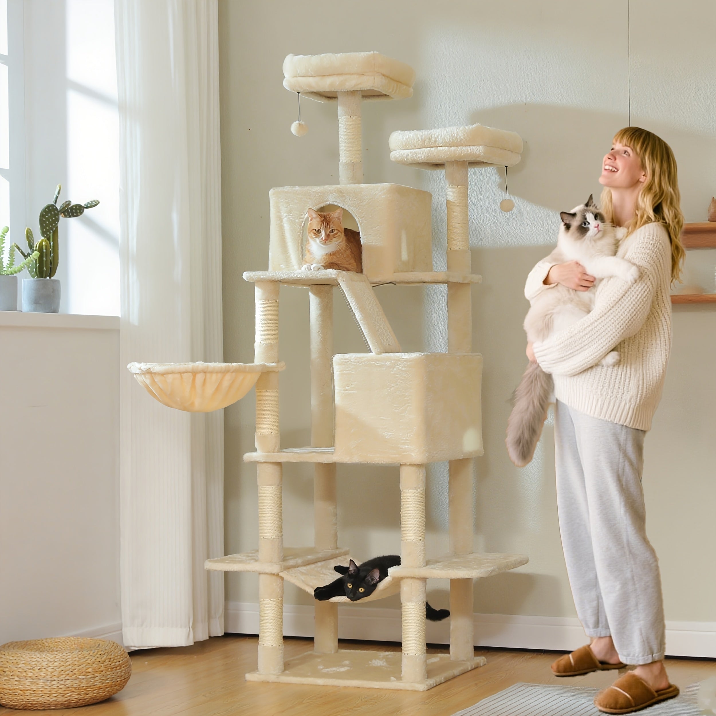 71.5 Extra Tall Cat Tower With Anti-tipping Kit - Heavy-duty Multi-level Cat Tree With Scratching Posts, Scratching Pad, Hammock, Condo, Pom-pom - Space-saving Vertical