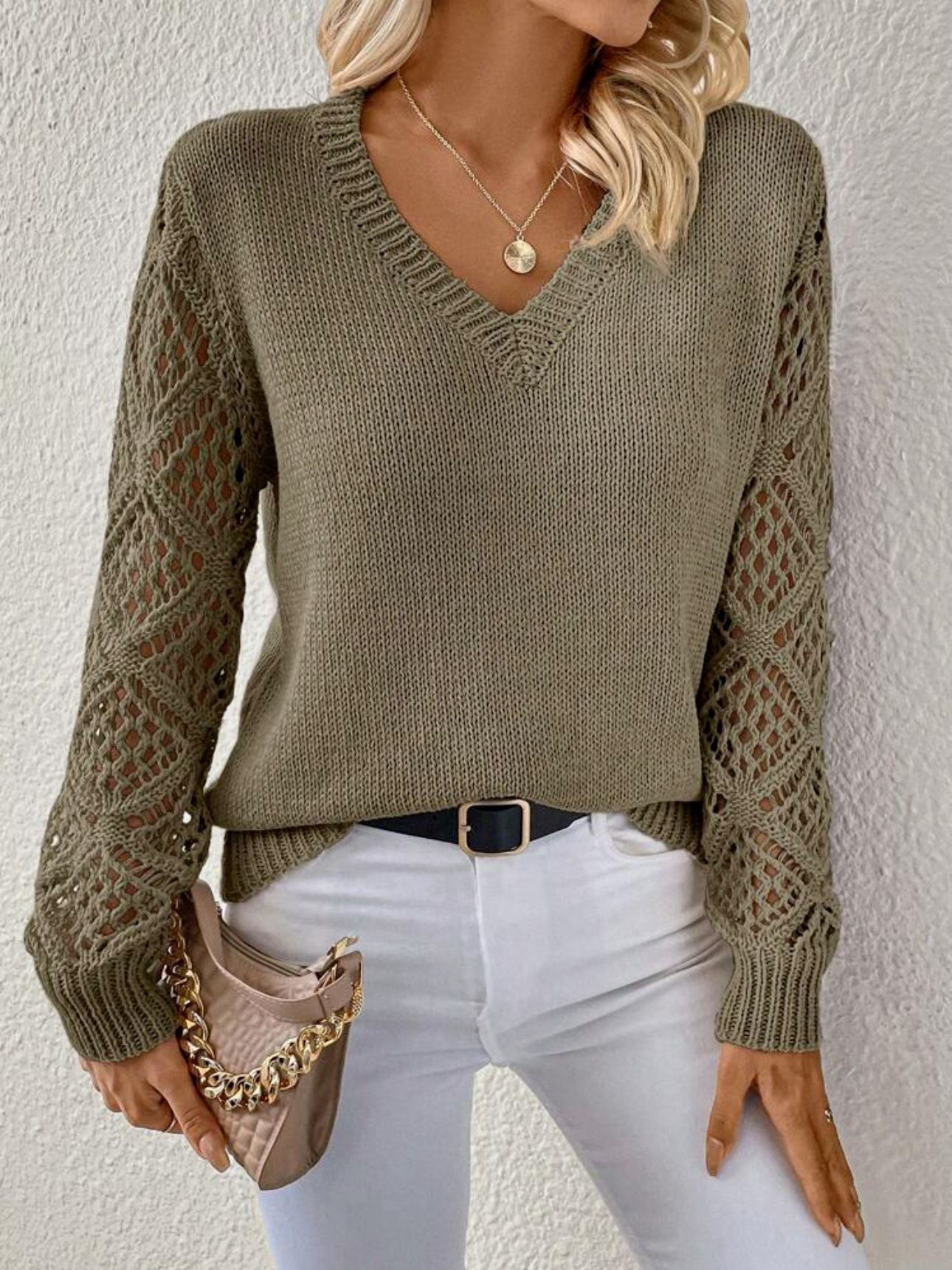 Women's Hollow V-Neck Long Sleeve Pullover Fashion Sweater