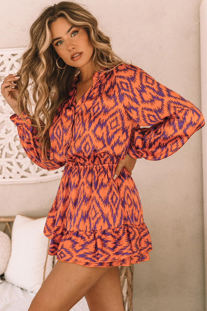 Personalized Design Sense Printed Waist-controlled Jumpsuit Women's Summer New Ruffled