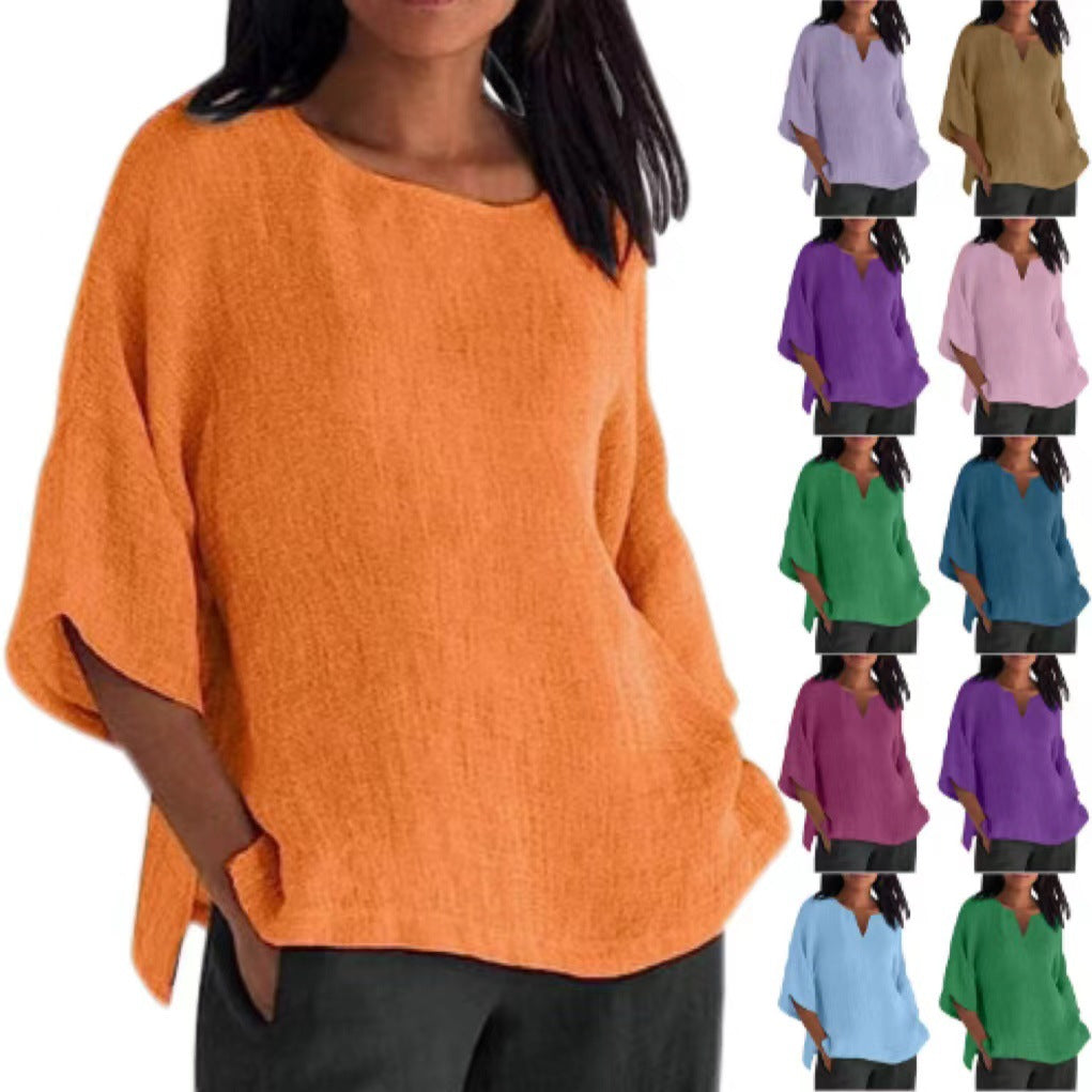 Women's Cotton-Linen Crew Neck Top – Breathable 3/4 Sleeve