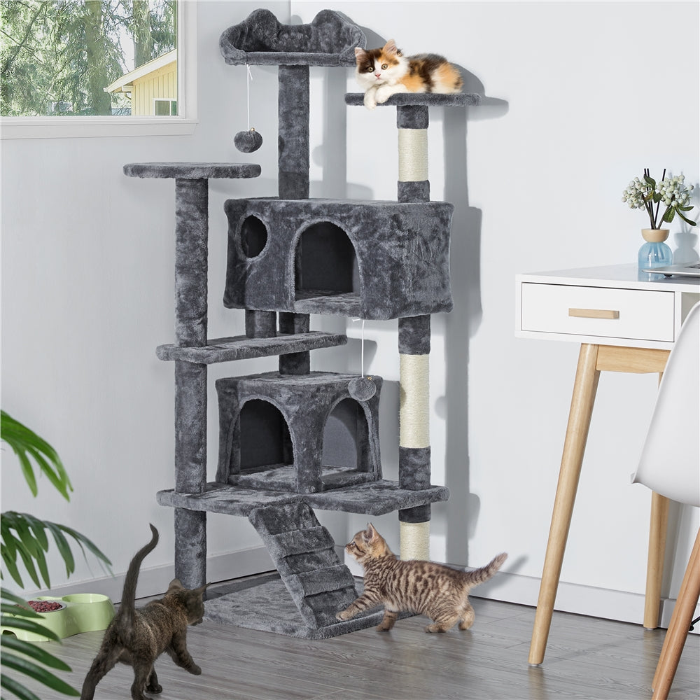Costoffs Cat Tree 54In/70In/62In Cat Tower Condo With 2 Condos & 2 Dangling Balls & 3 Scratching Posts Large Cat House Halloween Cat Furniture For Kittens & Cats, Dark Gray/Light Gray/Beige/Black/P...