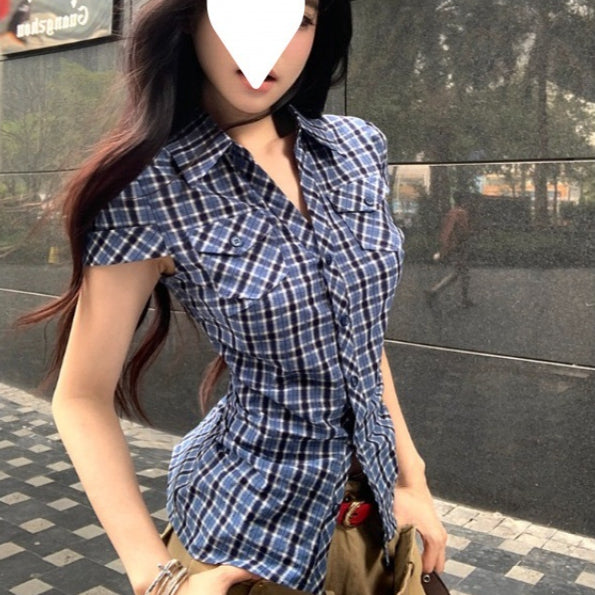 Blue Plaid Cinched Waist Short‑Sleeve Shirt – Korean Summer Style