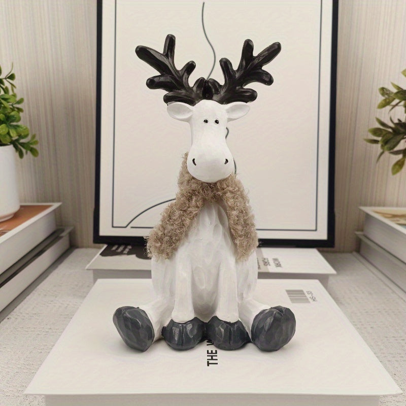 1pc Whimsical Resin Elk Figurine with Faux Fur Collar - Brown & White, Fashion-Themed Decor for Home & Office, Ideal for Christmas, Easter, Thanksgiving - No Power Needed, Christmas Deco