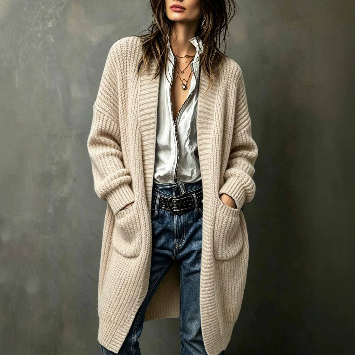 Western-style Breezy Pocket Cardigan Sweater
