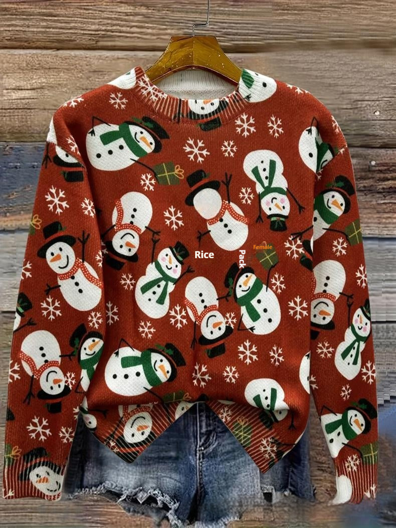 Christmas Snowman Red Festive Round Neck Sweater
