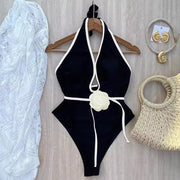 Chic Lace Floral One-Piece Slimming Halter Swimsuit