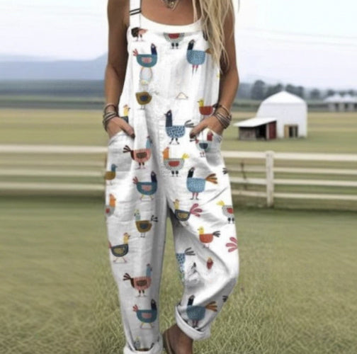 Women's Digital Print Casual Button Suspender Trousers