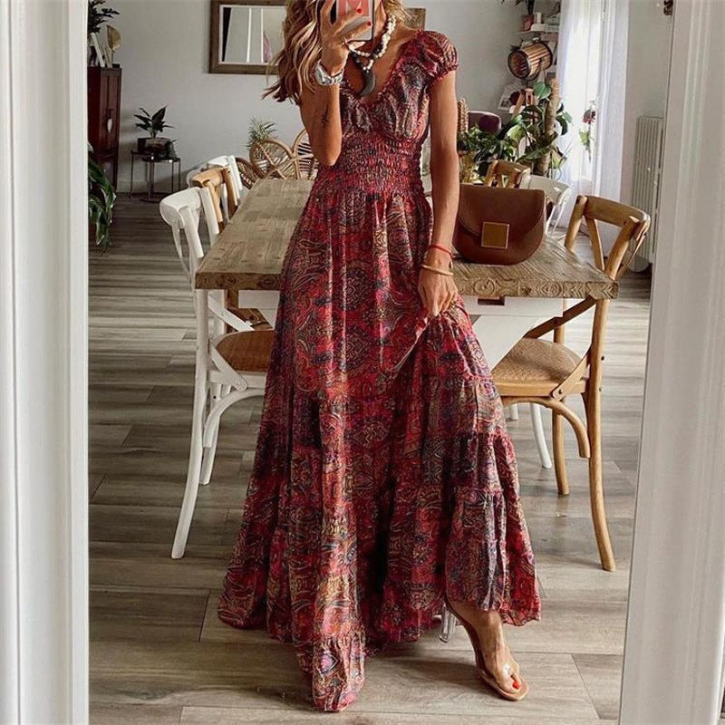 Bohemian Floral Print Cinched Waist Summer Dress