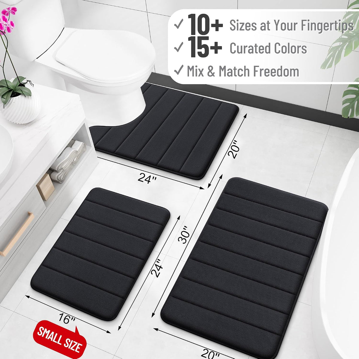 Soft Memory Foam Bath Mat 16x24 Inch, Black Absorbent Bathroom Floor Rug for Shower, Tub, Vanity and Home