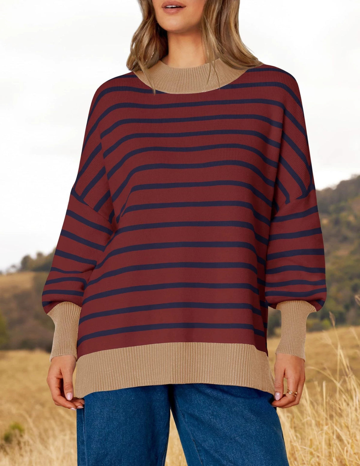 European and American Contrasting Round Neck Striped Long Sleeved Pullover Sweater for Women's Casual Loose Knit Sweater