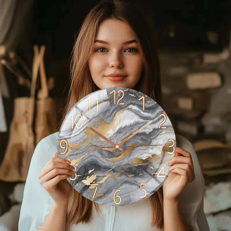 1pc Marble Golden & Gray Modern Minimalist Wall Clock - 12 Inch Round 2D Flat Glass Face with Black Hands, Silent Japanese Quartz Movement, Golden-Toned Marble Texture - Battery-Powered (AA Battery Not Included) for Living Room, Office, Gym