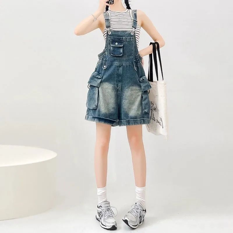 Vintage Denim Overalls Short Romper for Women