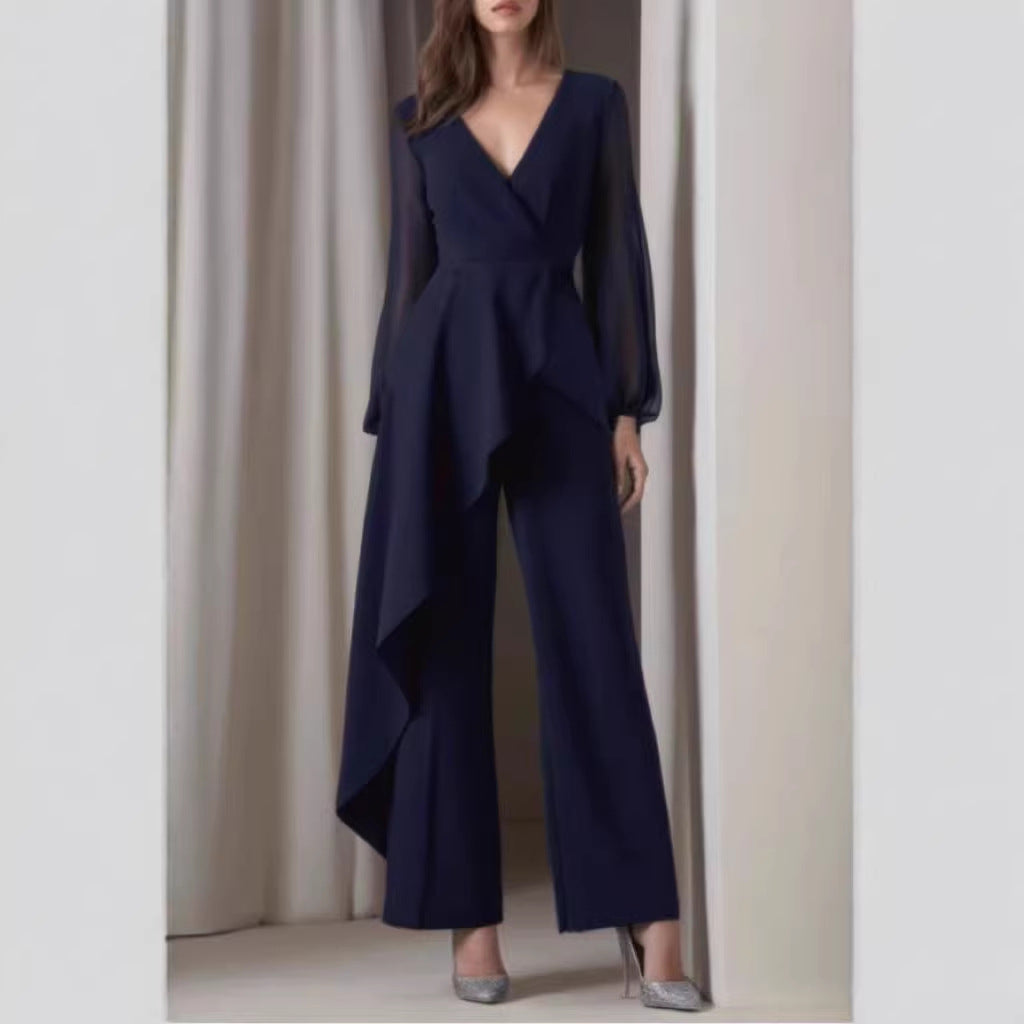 Elegant Navy Blue Long Sleeve Casual Jumpsuit