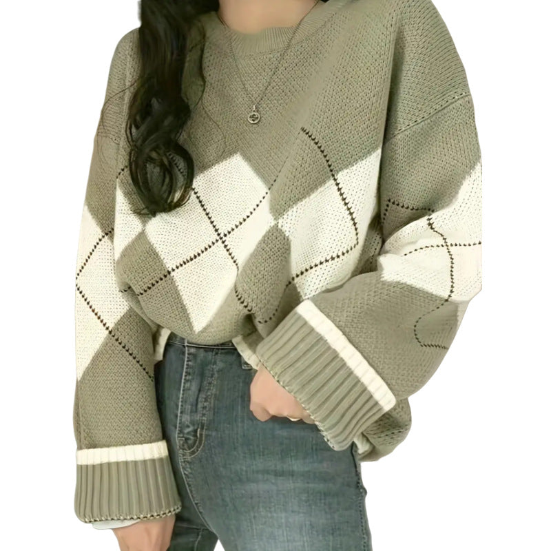 Laid-back Color-block Crew-neck Plus-size Womens Long-sleeve Knitted Sweater