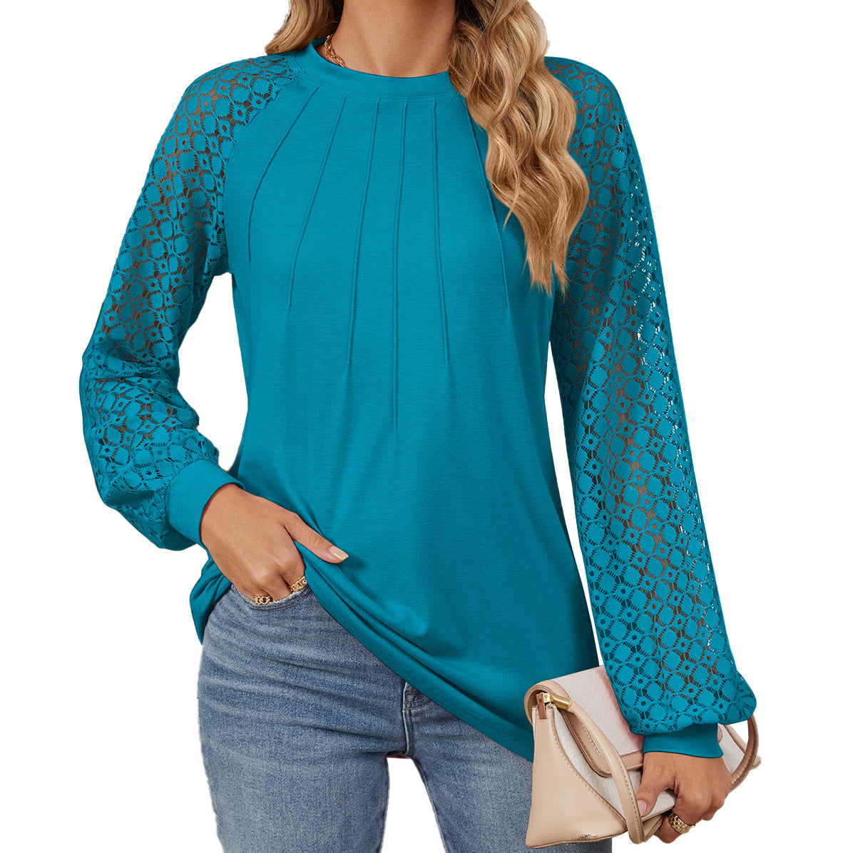 Chic Lace Long Sleeve Round Neck Pullover Top