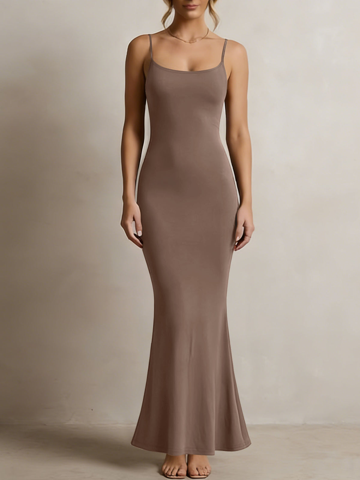 Women's Solid Color Spaghetti Strap Square Neck Bodycon Maxi Dress, Elegant Sleeveless Mermaid Evening Dress Summer Dress for Women