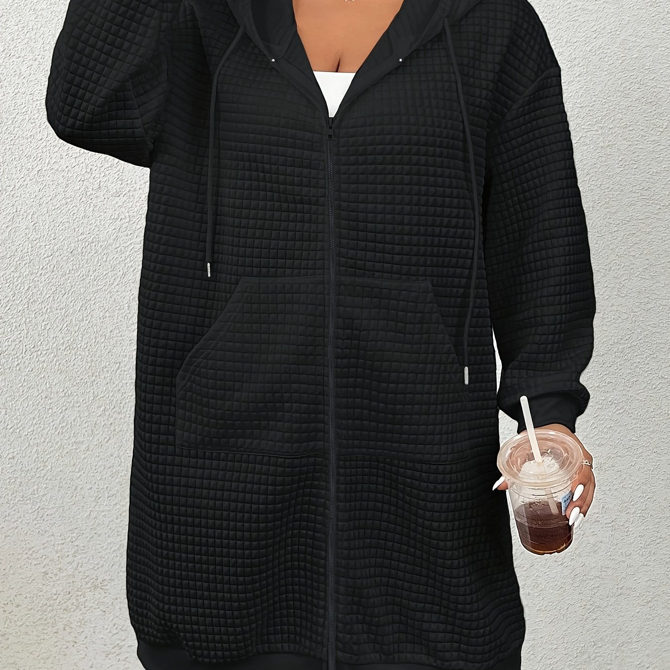 Plus Size Women's Textured Drawstring Hoodie – Solid Color