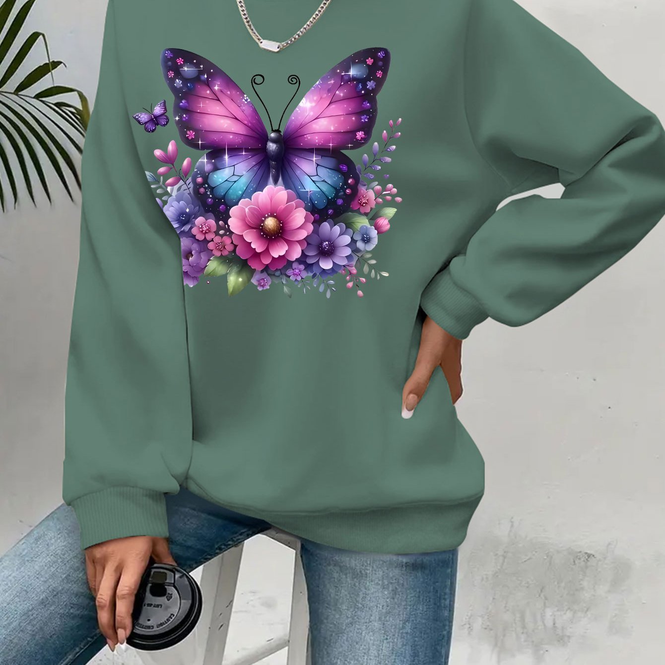 Plus Size Soft Purple‑Blue Butterfly Floral Print Long Sleeve Round Neck Sweatshirt