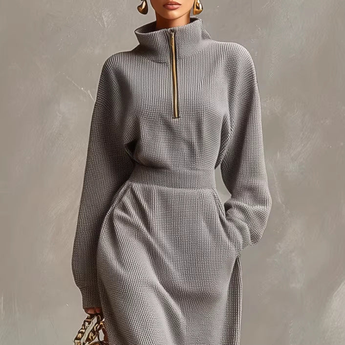 Elegant V-Neck Waffle-Knit Zip Casual Dress