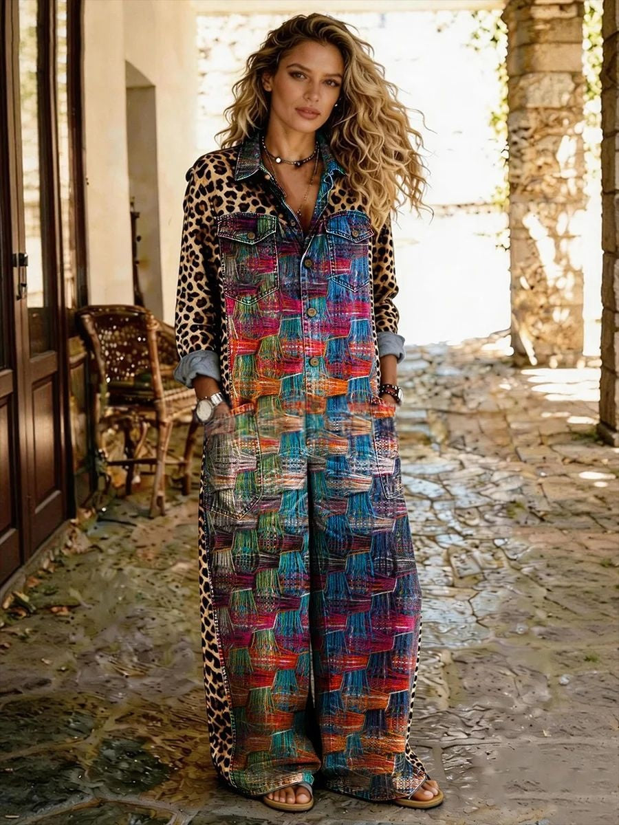 Chic Printed Long-Sleeve Lapel Jumpsuit