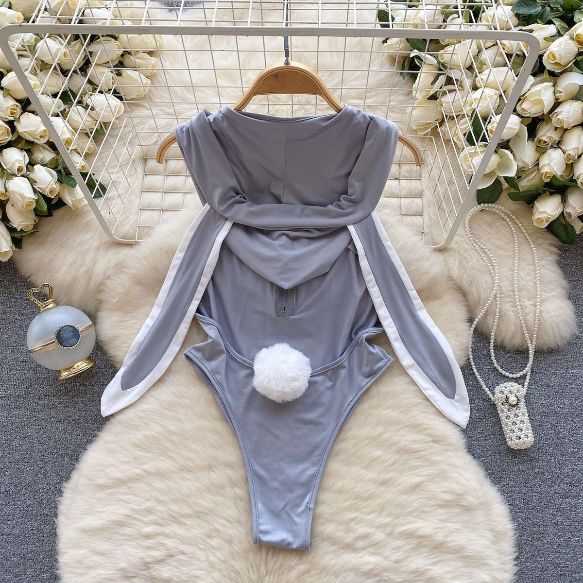 Plus-Size Bunny Ear Hooded Bodysuit Cosplay Romper