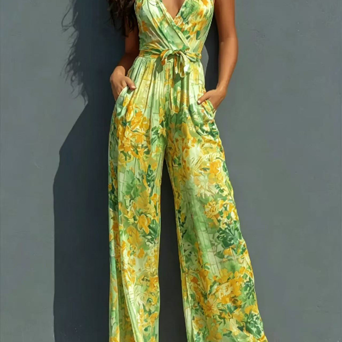 Women's Halter Deep-V Floral Wide-Leg Jumpsuit