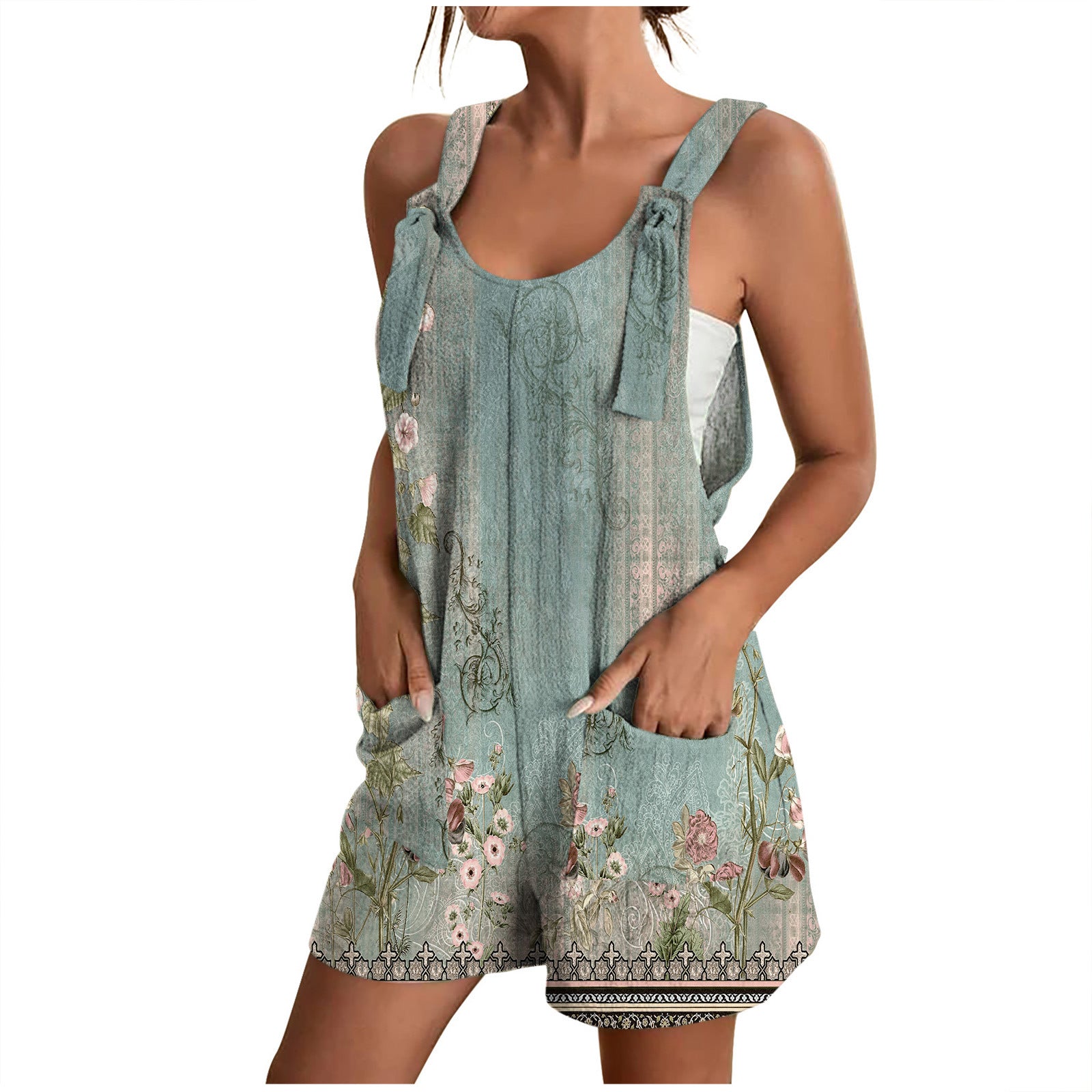 Casual Printed V-Neck Pocket Jumpsuit