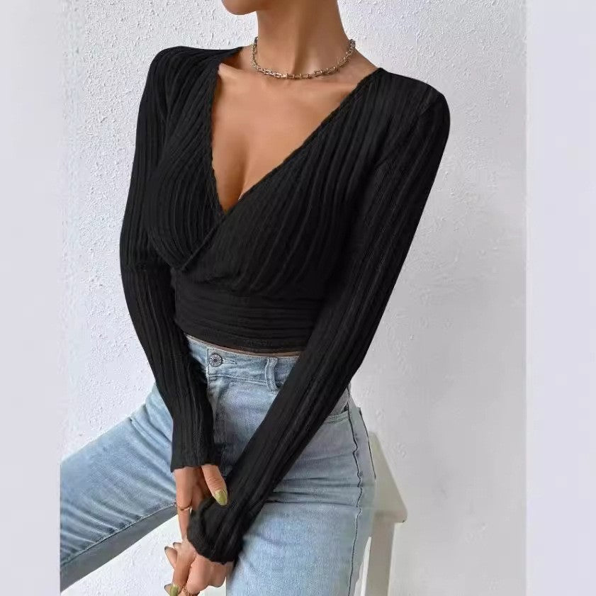 Short Deep V-neck Slim-fit Long Sleeve Knitted Sweater