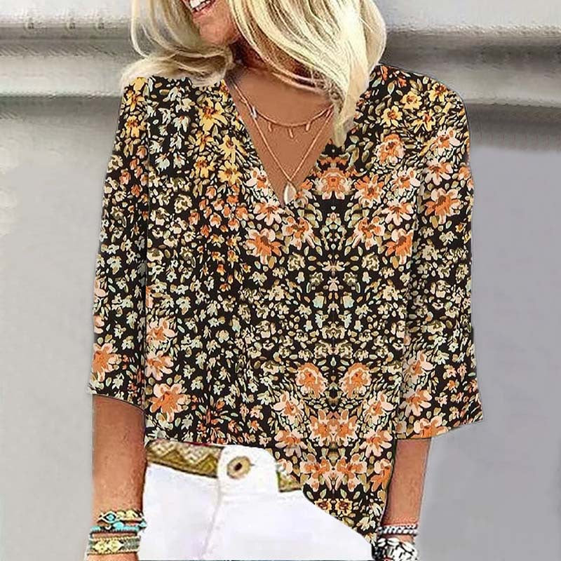 Fall Women's Clothing 3D Printed V-neck Pullover Top