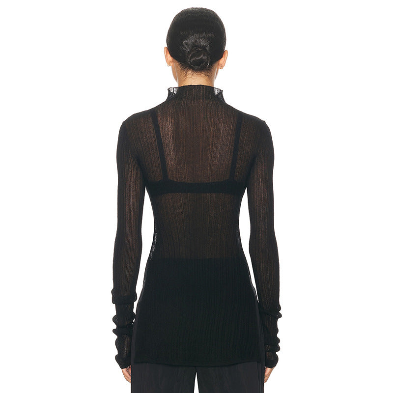 Turtleneck Long Sleeve Split Rib Knitted T-shirt