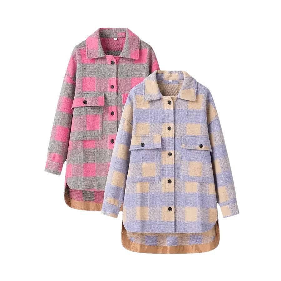 Women's Retro Plaid Loose Turn-down Collar Coat