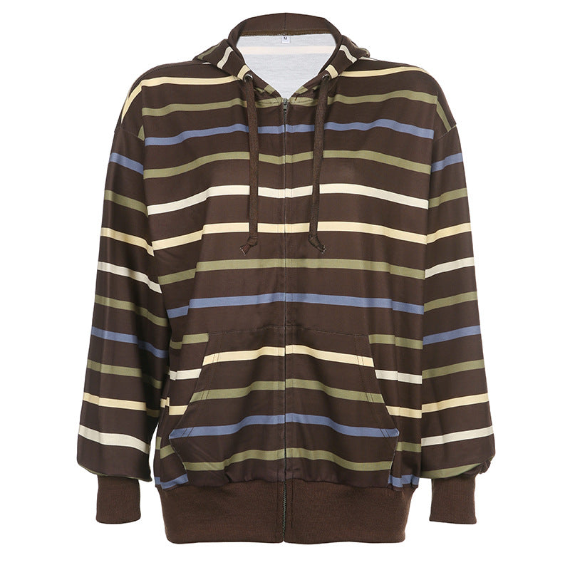 Chic Striped Loose Hooded Sweater for Women