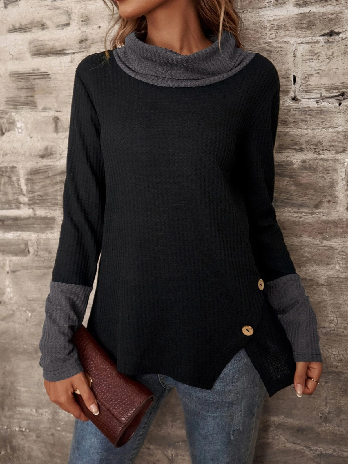 Waffle Knit Mock Neck Long Sleeve Top