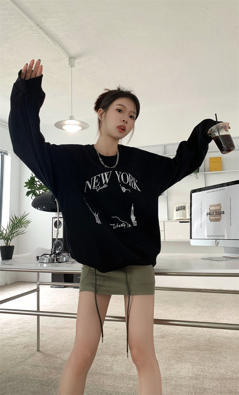 Printed Sweater Early Autumn New Retro Loose All-matching Slimming Top Women's Fashion
