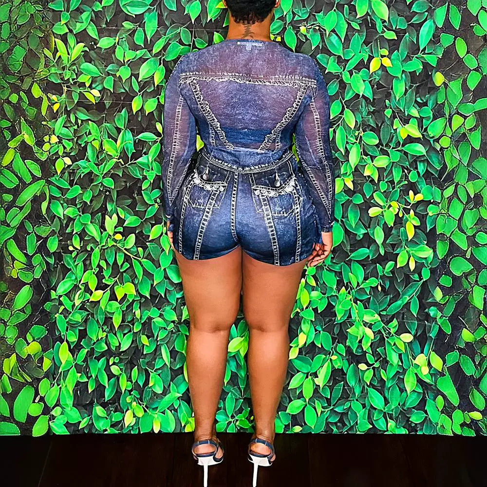 Women's Denim-Look Printed Long-Sleeve Jumpsuit