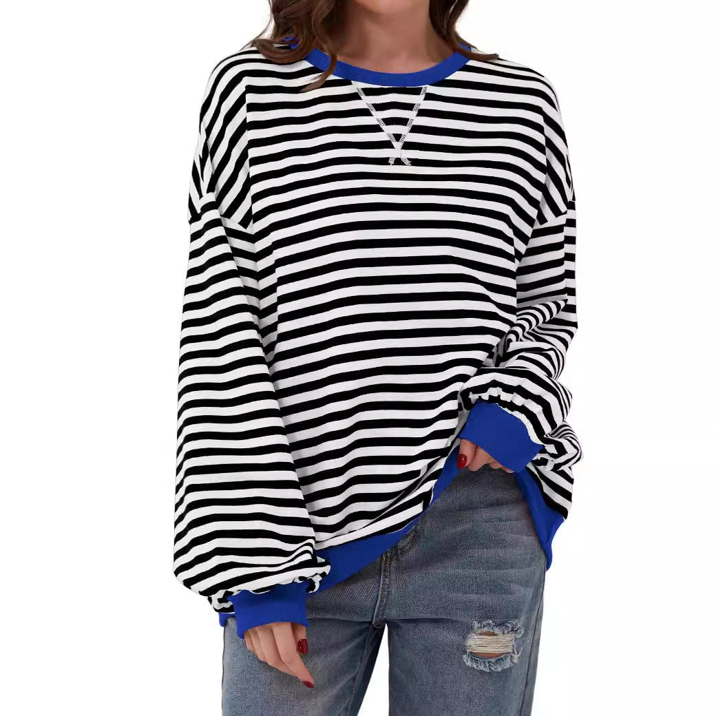 Casual Striped Round Neck Long Sleeve Slim Pullover Top
