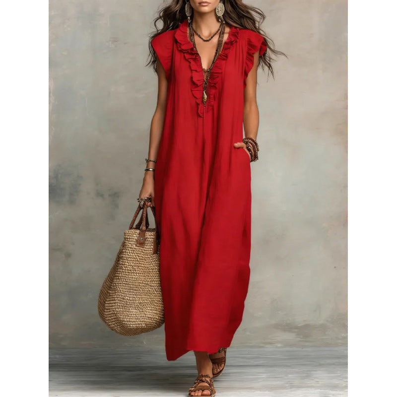 Bohemian V-Neck Flutter Sleeve Maxi Dress