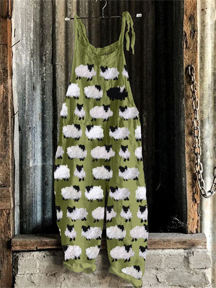 Vintage Sweet Print Loose Suspender Pants for Women