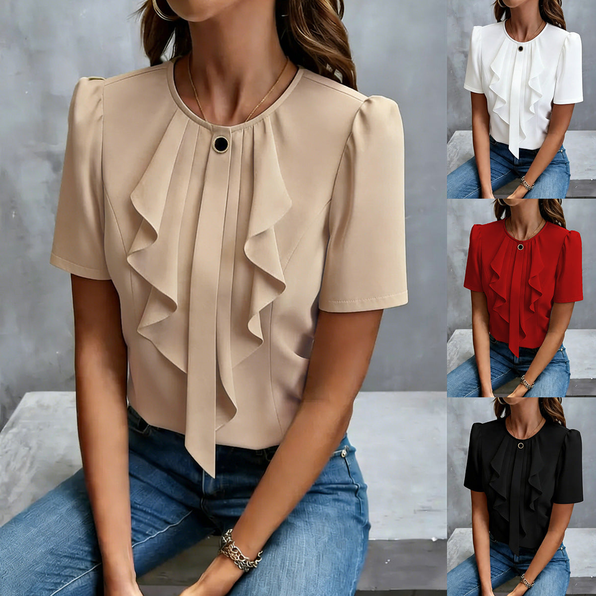 Ruffled Ruffle Round-neck Short-sleeve Shirt Top
