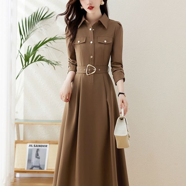 Elegant Lapel A-Line Midi Dress with Fitted Waist