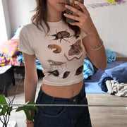 Casual Insect Print Crop Tee – Slim Fit, Breathable Cotton