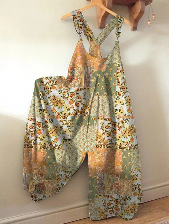 Bohemian Style Colorful Patchwork Overalls Wide-leg Jumpsuit For Women