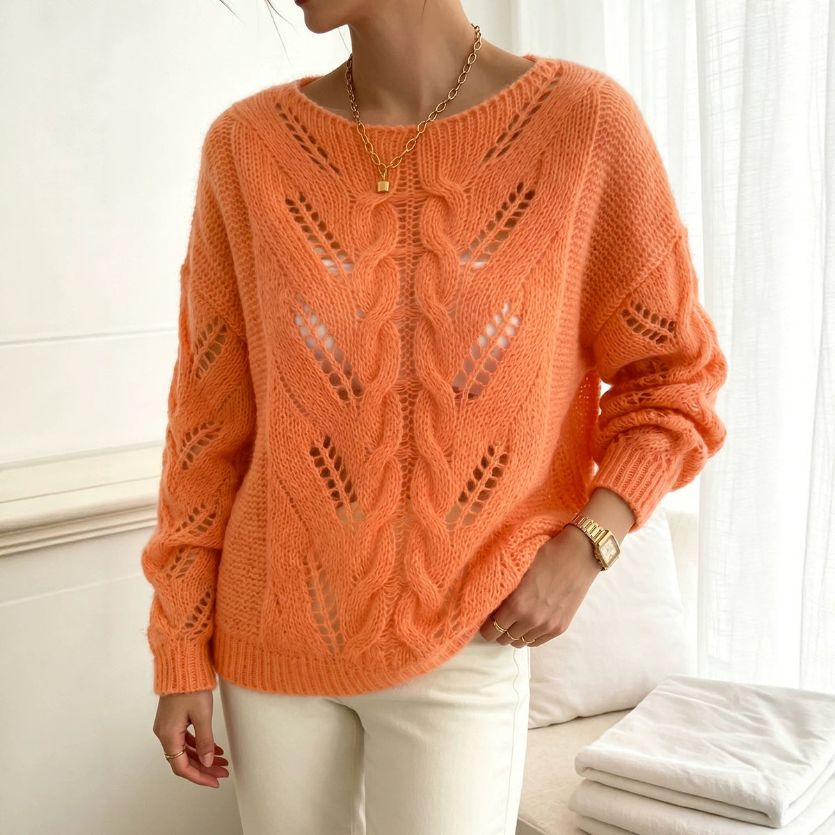 Autumnwinter Lazy-style Knit Sweater with Hollow-out Cable-knit Top