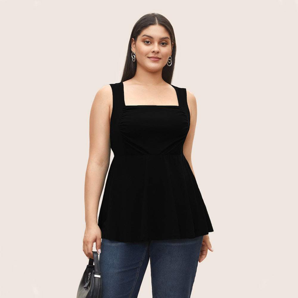 Elegant Black French Square Neck Sleeveless Top – Chic & Versatile