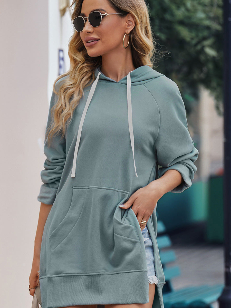Women's Cozy Mid-Length Solid Color Hooded Sweatshirt