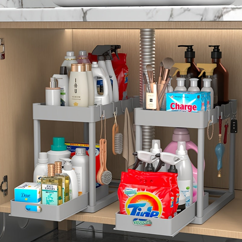 2 Pack Heavy-Duty Under Sink Organizer with Sliding Shelves & 8 Hooks