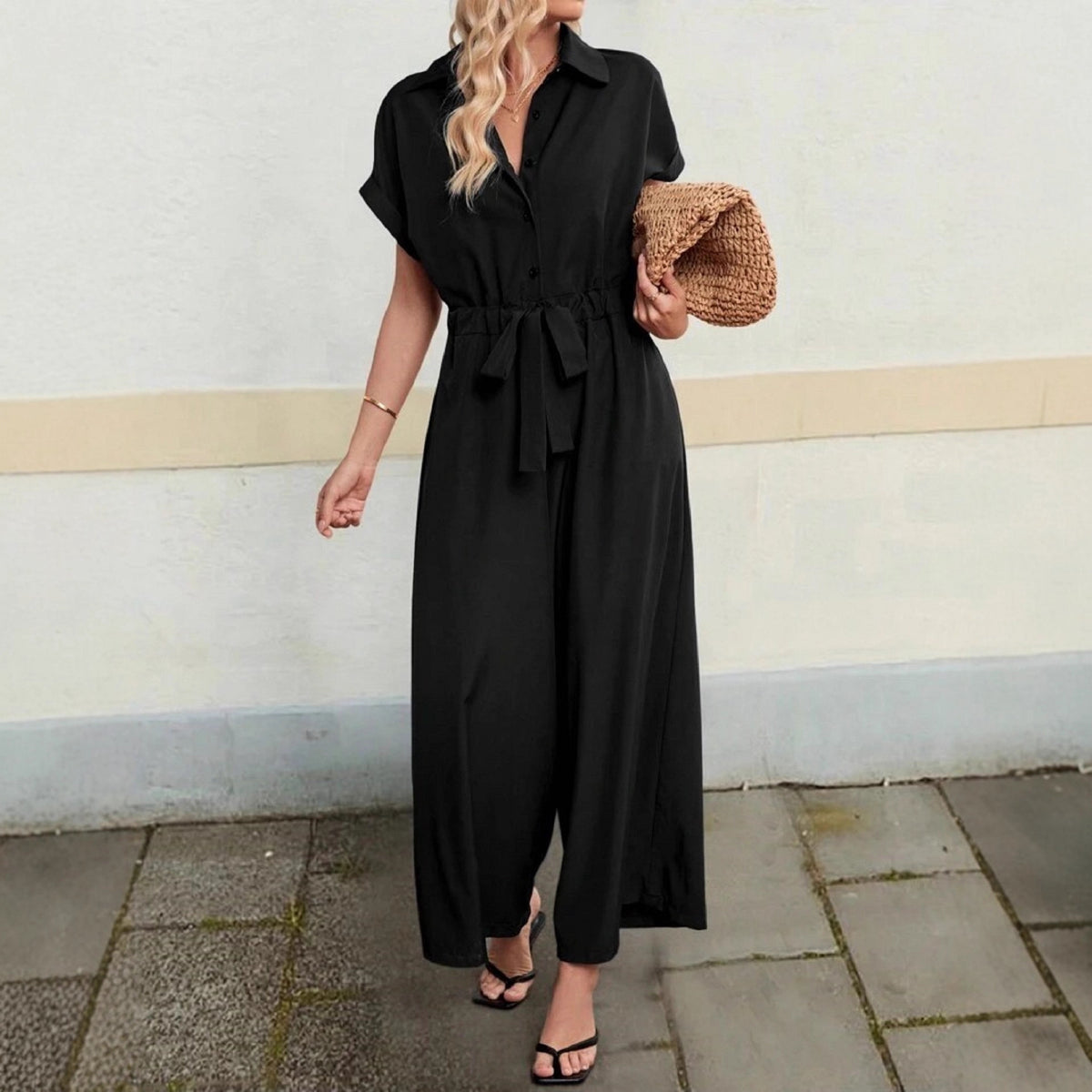 Women's Casual Polo Collar Wide-Leg Lace-Up Jumpsuit