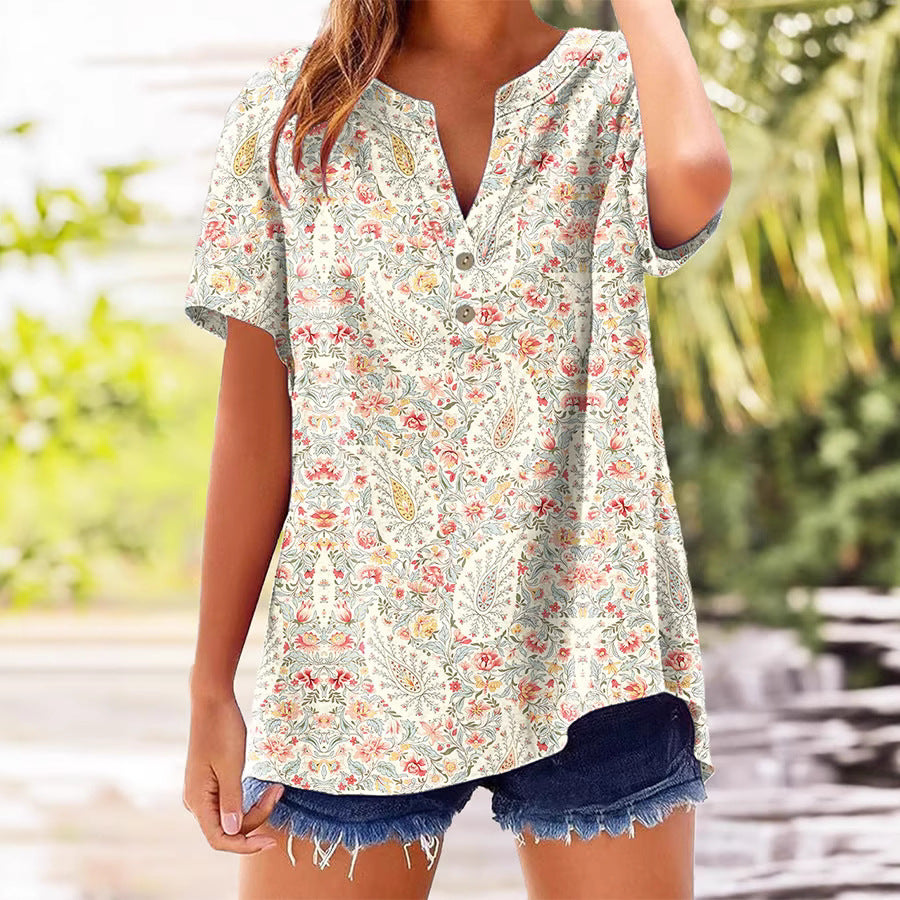 3D-printed Womens Three-button Short-sleeve T-shirt Loose-fitting Casual Top For Women