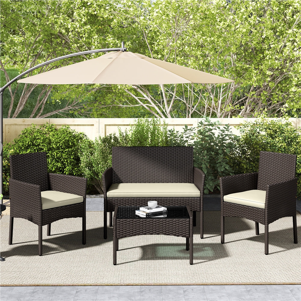 Costoffs Patio Furniture Set 4 Pieces Conversation Sets, Rattan Chair Wicker Set Loveseat with Soft Cushion and Glass Table Halloween Patio Furniture for Backyard Porch Garden Poolside Balcony