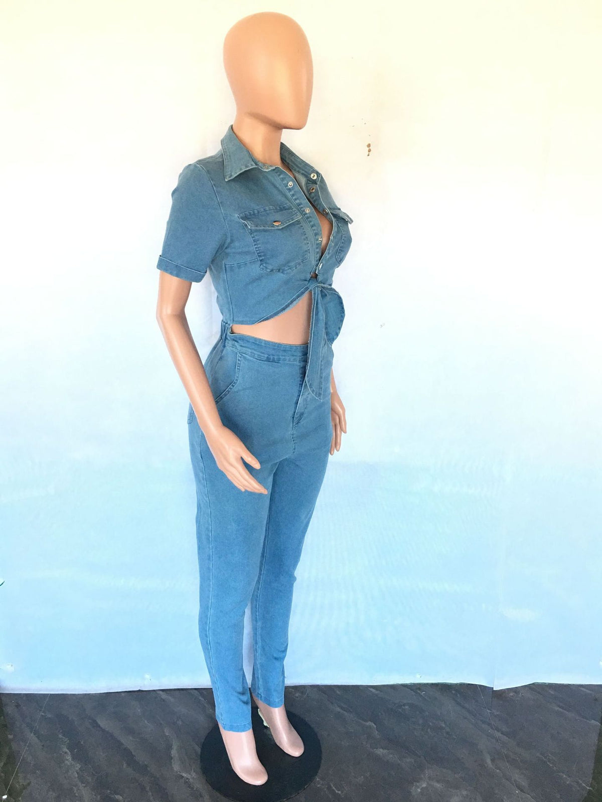 Slim Fit Fashion Short Sleeve Denim Jumpsuit